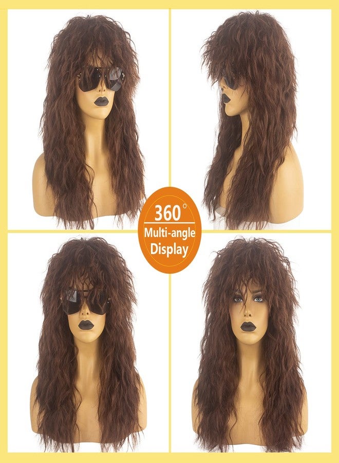 Askuang 80s Rock Mullet Wigs for Men and Women Long Brown Curly Wig 70s 80s Costumes for Men Women Halloween Cosplay Party Wigs - Image 3